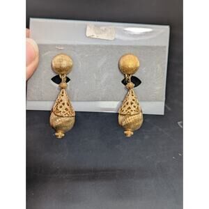 Vintage Monet Clip On Earrings Gold Tone Textured Dangle Bolero Filigree 70s